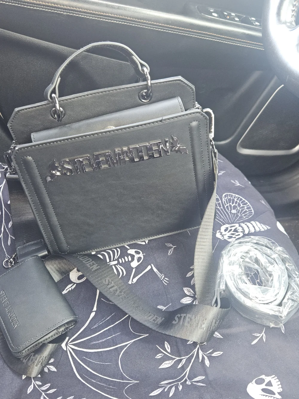 Steve Madden Black Structured Satchel with Silver Logo